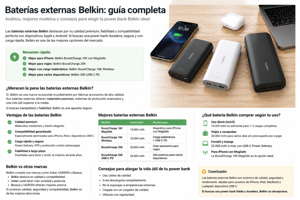 Baterías externas Belkin para iPhone, iPad y AirPods en un escritorio de trabajo moderno con carga MagSafe y USB-C.