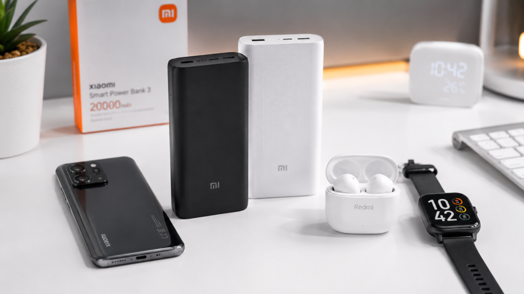 Baterías externas Xiaomi de 10000 mAh y 20000 mAh junto a smartphone Xiaomi, auriculares Redmi Buds y smartwatch Xiaomi.