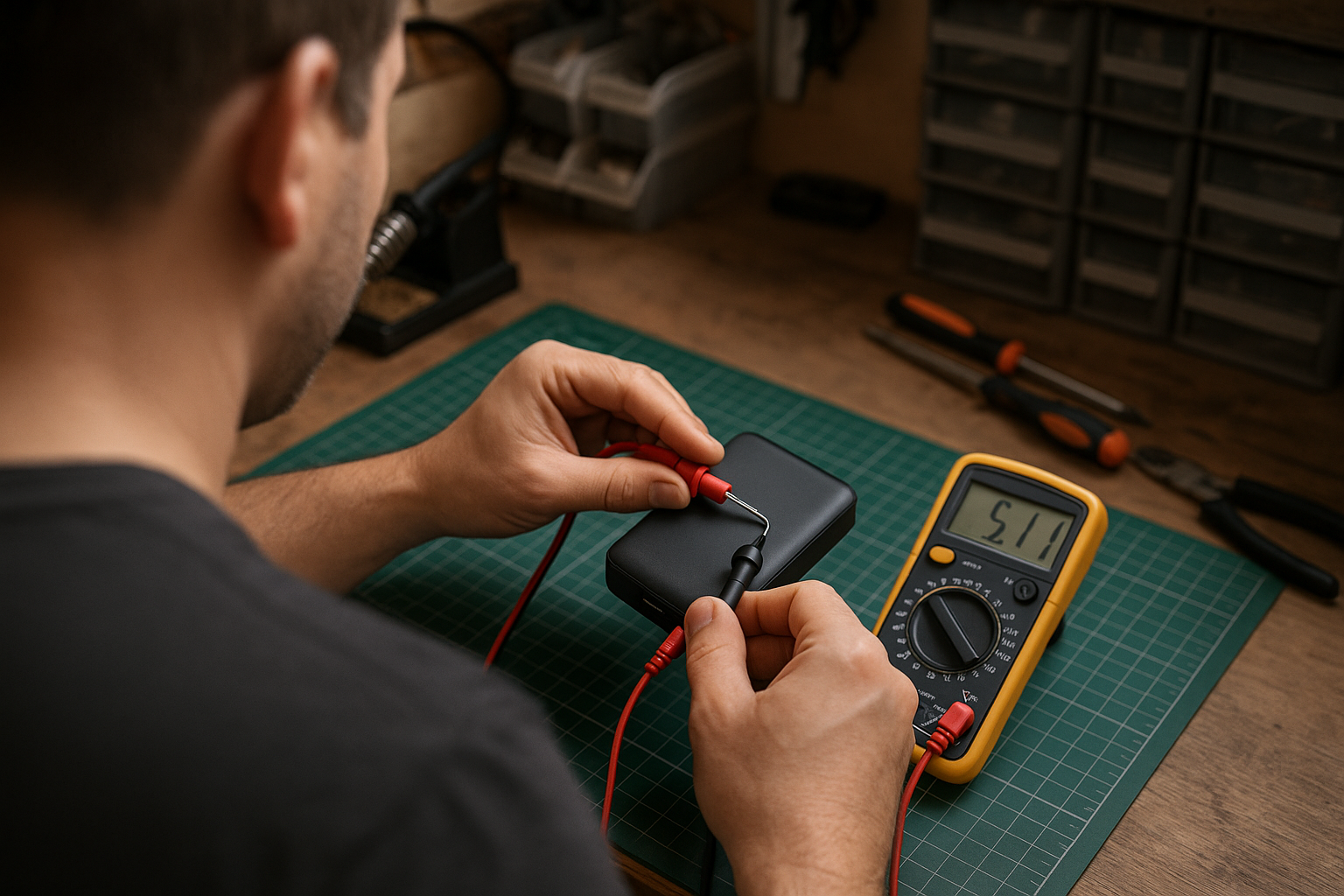 Arkaitz probando una batería externa con medidor USB