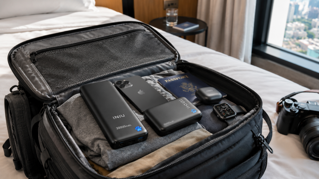 Baterías externas INIU de 10000 mAh y 20000 mAh dentro de una mochila de viaje junto a móvil, auriculares y smartwatch.